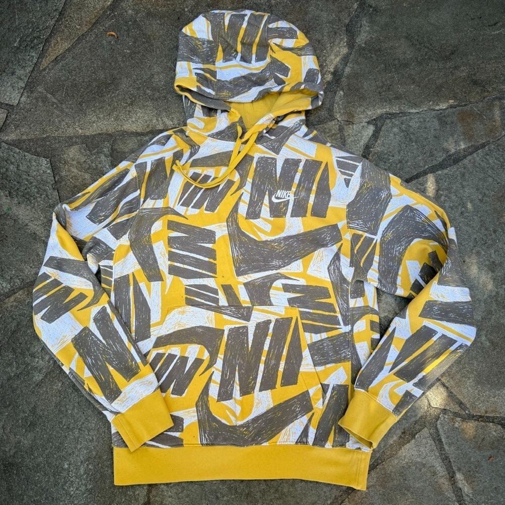 Nike Futura Club Hoodie Mens Small Yellow Gray All Over Spellout Embroidery Logo